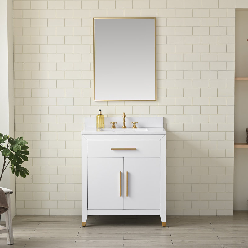 Meuble-lavabo sur pied simple 30 po avec plateau en pierre reconstituée Maddison, Blanc