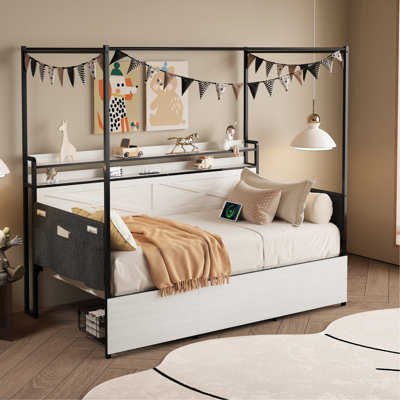 Cadre de lit simple moderne, blanc, avec 3 tiroirs de rangement, point de charge et barrière de sécurité pour cadre de chambre à coucher blanc