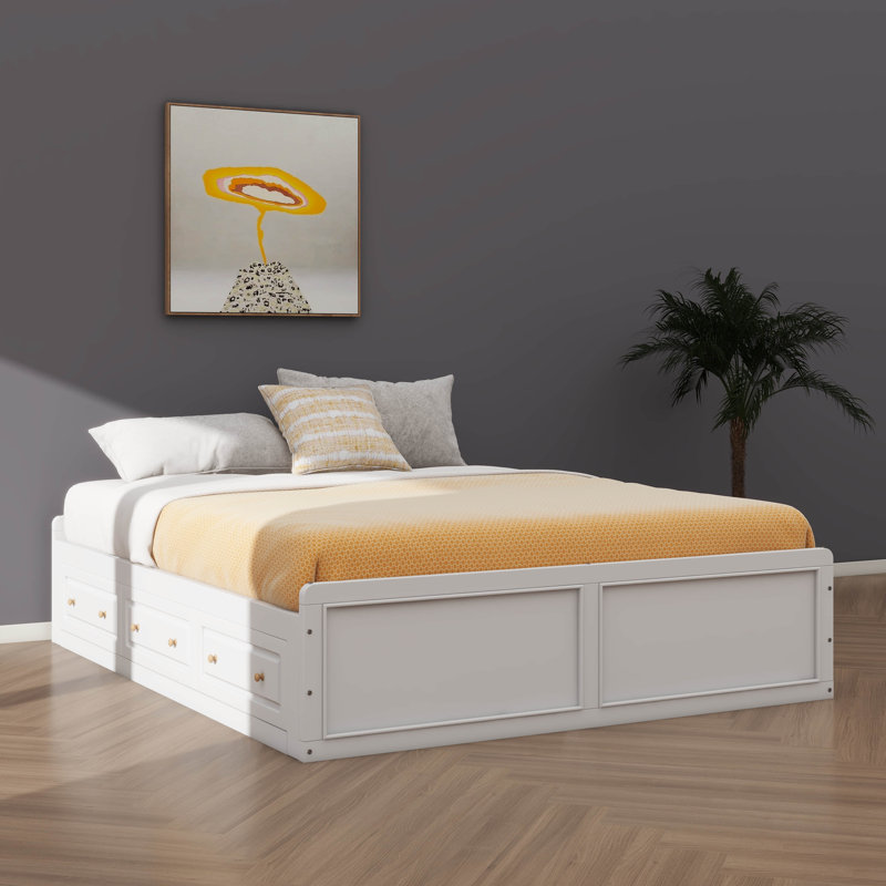 Base de lit plateforme en bois pour grand lit avec six tiroirs inclus, Blanc