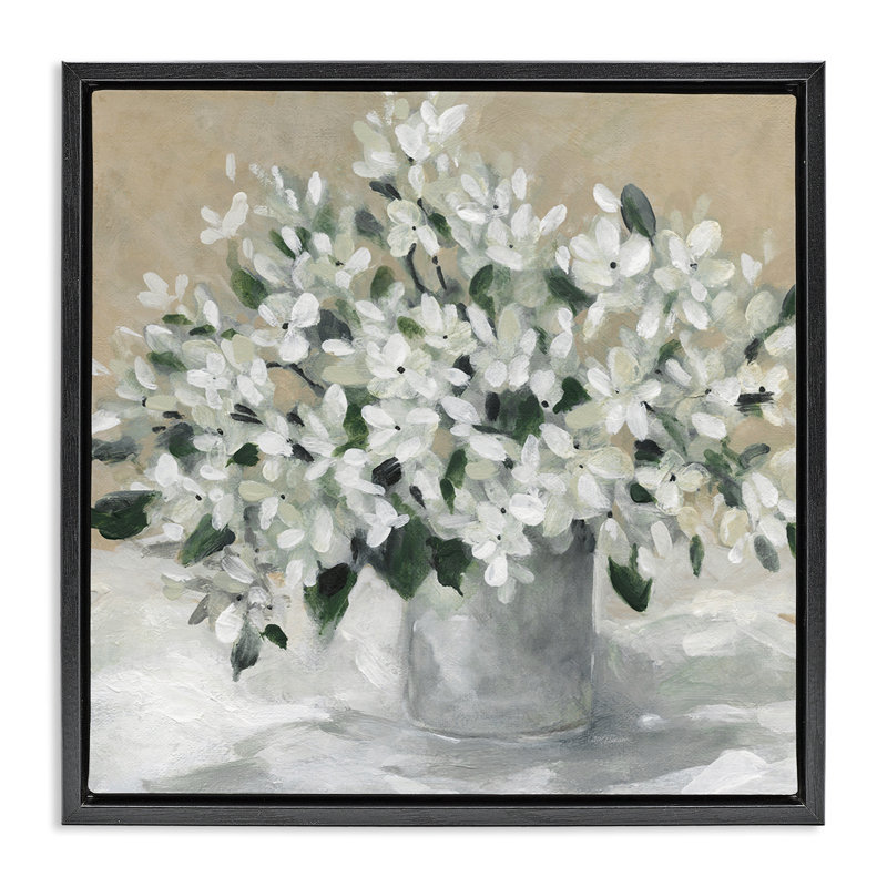 «Pots White Blooms» par Carol Robinson, Cadre flottant noir de jais, H 18 po x l 18 po