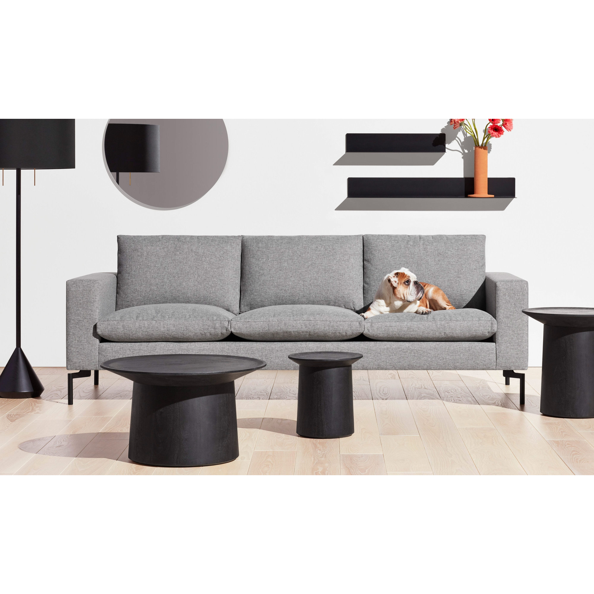 New Standard Upholstered Sofa, Black, 32" H x 104" W x 35" D, Spitzer Gray 100% Polyester