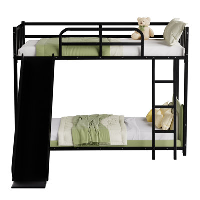 Metal Bunk Bed With And Slide, Black Shade, Space - Saving For 'S Small Bedrooms, Guardrails Top , Quick Simple Assembly Process Made Of Metal, Slide Plan Scheme, Compact Rooms, Easy Practice
