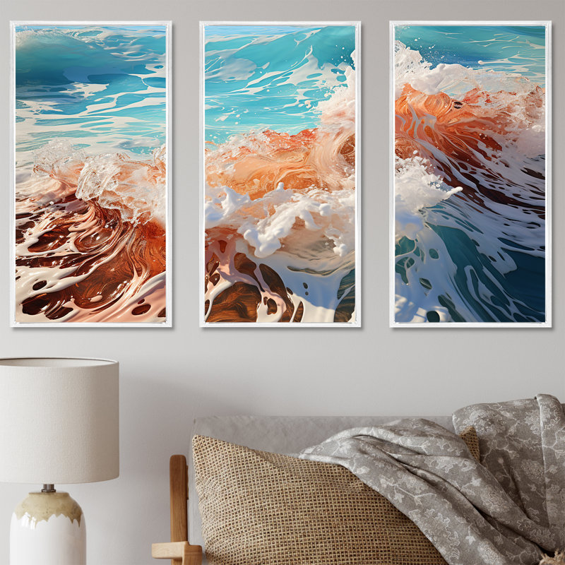 «Beach Waves Fusion» - ensemble d'art mural plage, Cadre flottant blanc, H 32 po x l 48 po x P 1 po