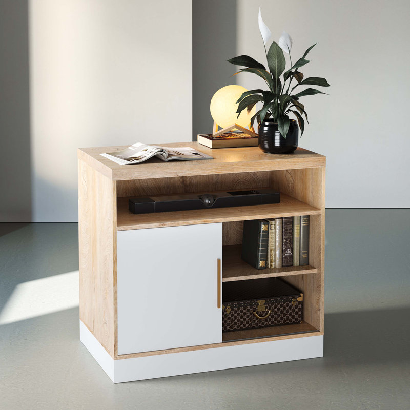 Armoire de rangement Adonia en bois de 80 cm de large avec porte, idéale pour le bureau à domicile. Étagères ouvertes ajustables, fini noyer blanc.
