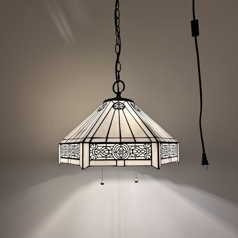 Tiffany Pendant Lights Fixture Plug In Stained Glass Hexagon LED Bulbs Included 16”W*16”D*75”H, White