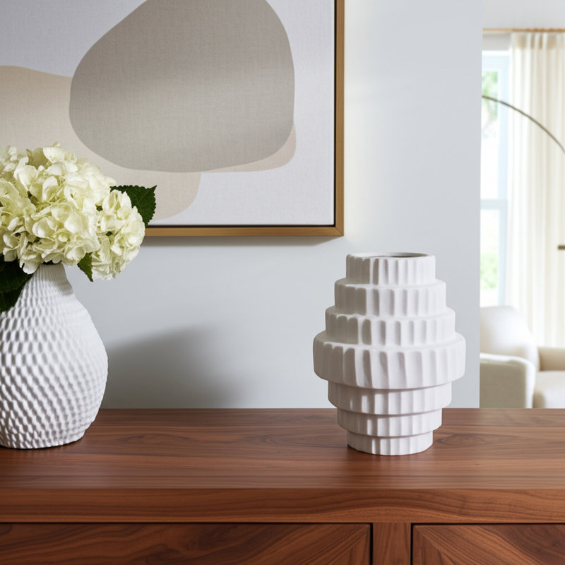 Textured Staggered Vase, White, 10" H x 8" W x 8" D