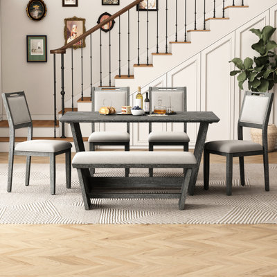 Exquisite Gray Dining Combination: Rectangular Table, Chairs, And Bench Furniture : Retro Rustic Design With Base Chair