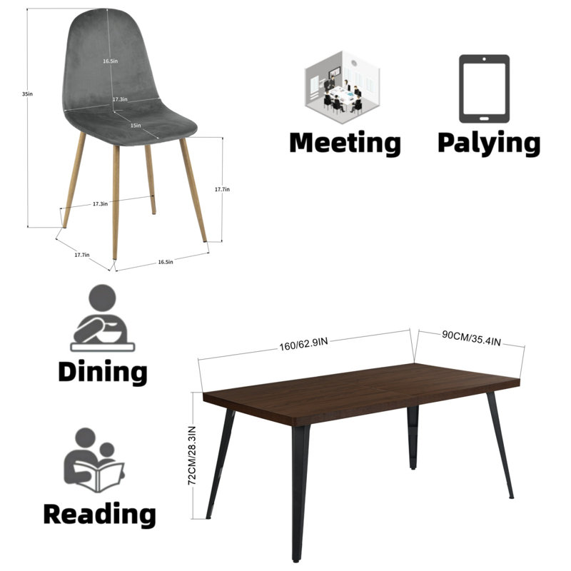 Ensemble de salle à manger 5 pièces, comprenant une table et quatre chaises en velours, idéal pour une salle à manger, un bureau, une réception, une cafétéria ou un espace de discussion. Couleur : gris.