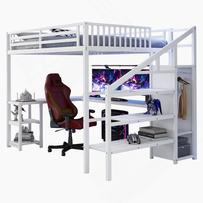 Lit mezzanine polyvalent avec garde-robe intégrée, bureau, charge USB et éclairage DEL pour les enfants, les adolescents et les adultes