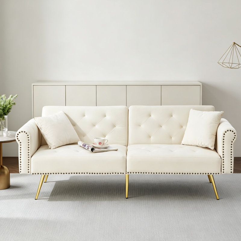  Dimmitt Modern 2-Seater Sofa Bed , 3-Stage Adjustable Backrest & Gold-Plated Metal Feet, White