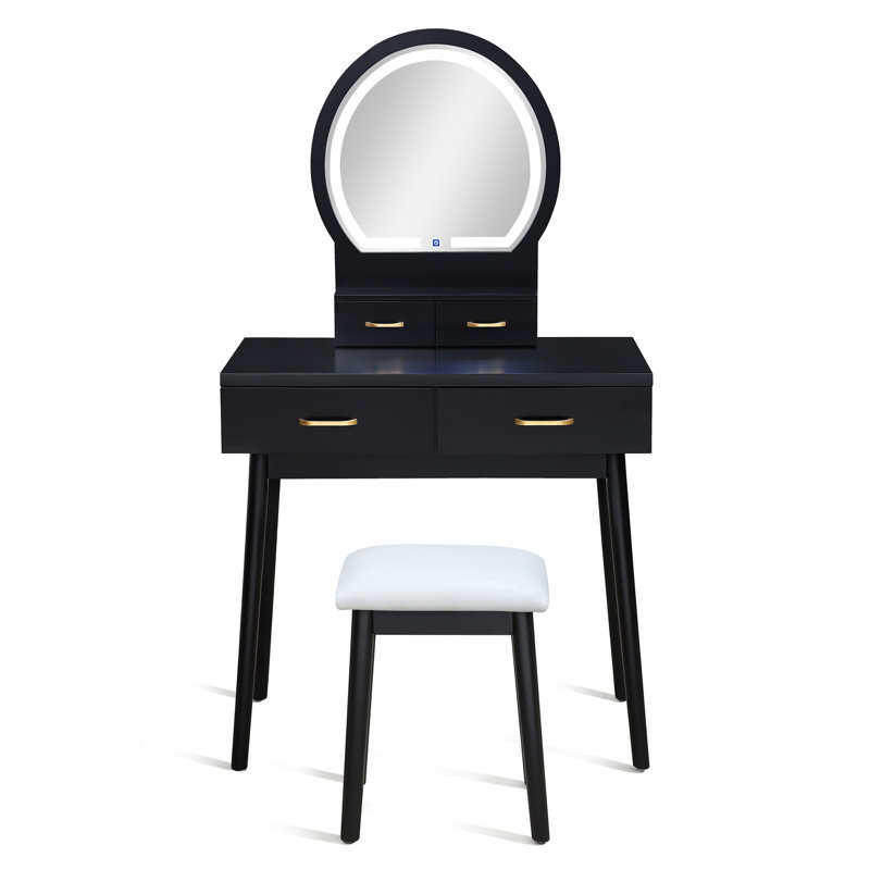 3Pc Vanity Table And Stool Set Built-In Led-Lit Mirror Matching Cushioned Stool Gold-Accented Handles Wooden Home Furniture Black