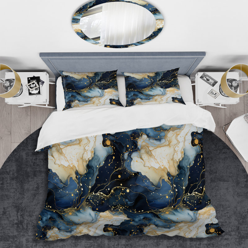 Literie céleste or et marbre bleu, Housse de couette pour très grand lit et 2 très