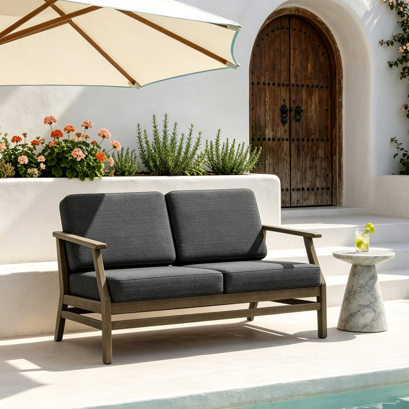 Clinkscales Solid Wood Teak Outdoor Loveseat With Cushion And Arms, Brown, Dark Gray