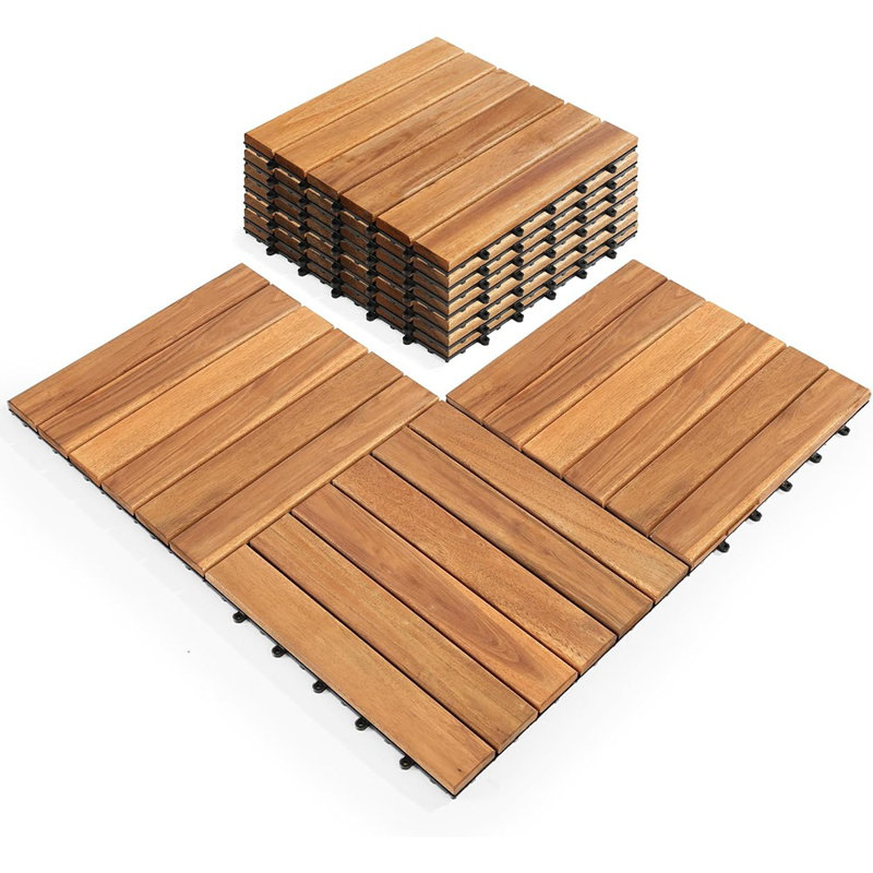 Carreaux de terrasse imbriqués en bois d'acacia - Revêtement de sol extérieur et intérieur pour patio, jardin, balcon, bord de piscine, couleur teck