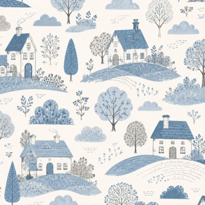 Rouleau de papier peint pelez et collez amovible sans soudure Woodland Toile d'inspiration vintage bleu blanc