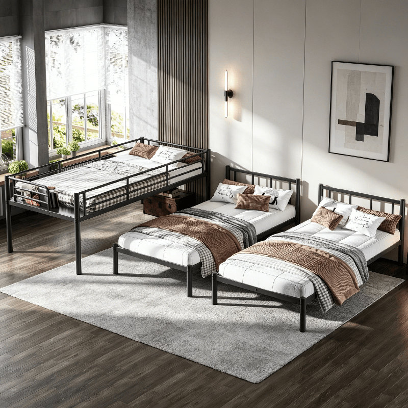 Lit superposé, lit superposé à structure en acier robuste avec garde-corps, lit superposé pour chambre d'amis dans un dortoir, aucun sommier nécessaire, noir et blanc