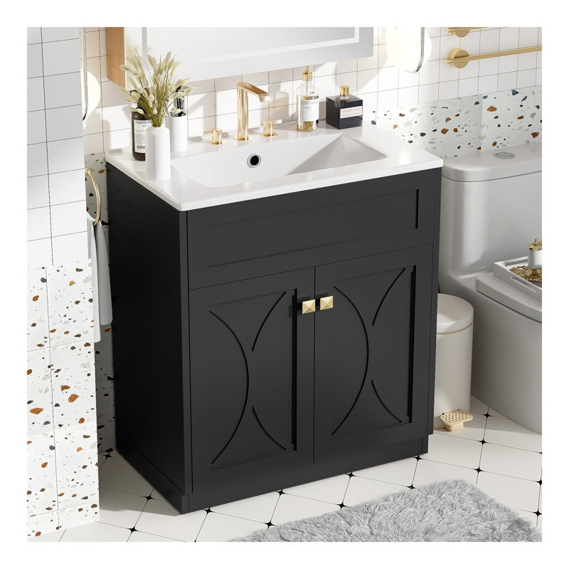 Meuble-lavabo 30 po avec lavabo en céramique, armoire de rangement autoportante moderne avec poignées dorées, portes à fermeture douce
