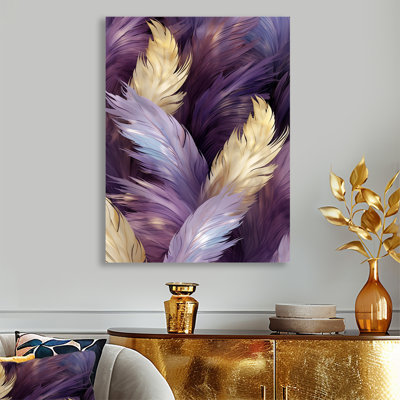 Plumage mystique mauve et plumes dorées - impression d'art mural plume bohème