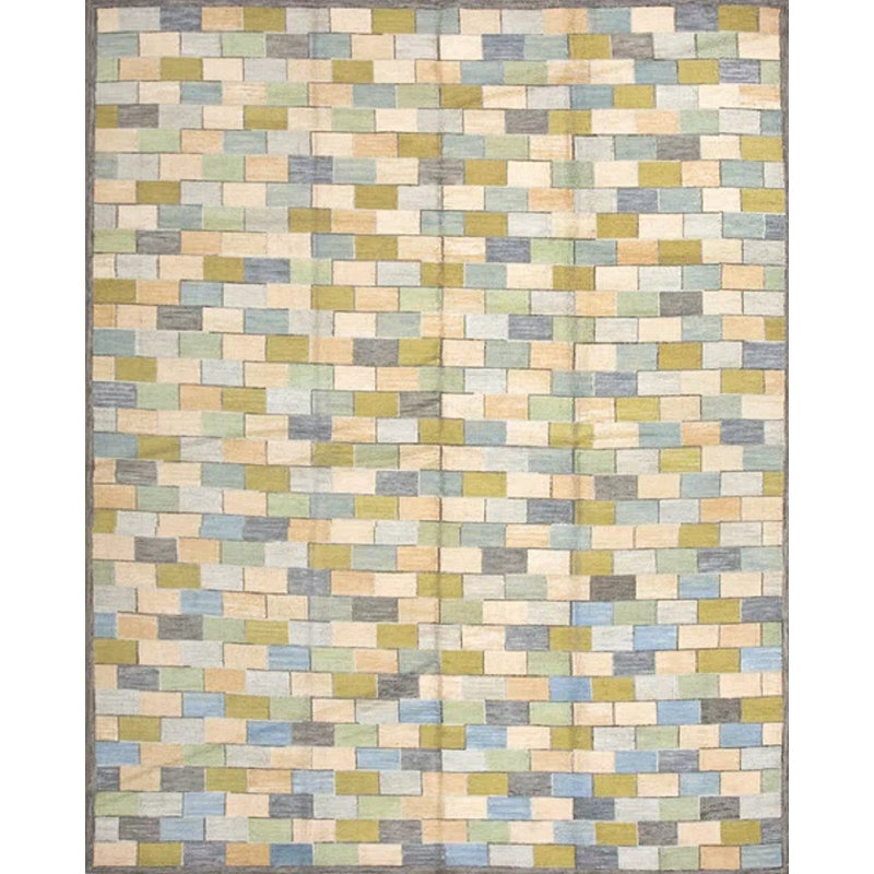 Tapis jaune / bleu / vert en laine noué à la main de conception unique 8 pi x 10 pi