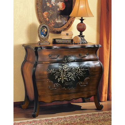 Commode à 3 tiroirs à motif floral peint à la main - Chêne et noir antique pour un rangement élégant dans la chambre à coucher