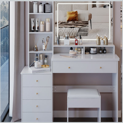 41" Large Size Left Bedside Cabinet Vanity Table+Cushioned Stool, Extra Large Touch Control LED Mirror, 3-color Switch, Multi Layer High Capacity Storage Fashionable Dresser, Suitable For Large Space