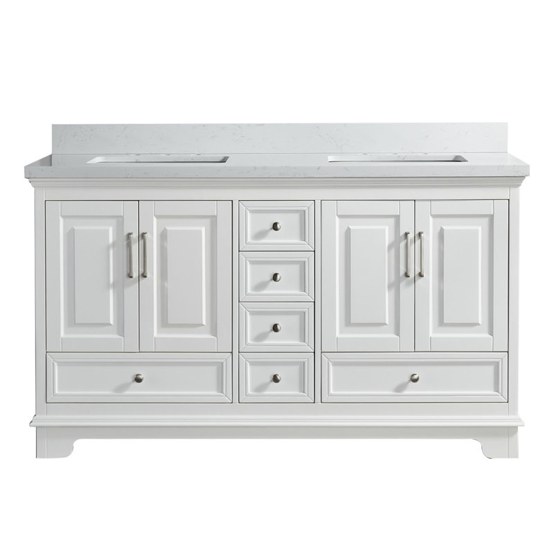 Meuble-lavabo double 60 po avec pierre artificielle, Blanc
