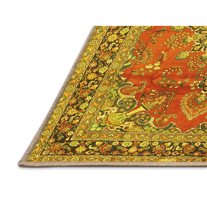 Tapis oriental en polyester / chenille jaune / orange / brun tissé à la machine, Rectangle 2 pi x 3 pi