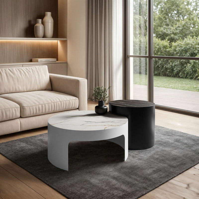 Coffee Table, White / White Marble + Black / Black Marble