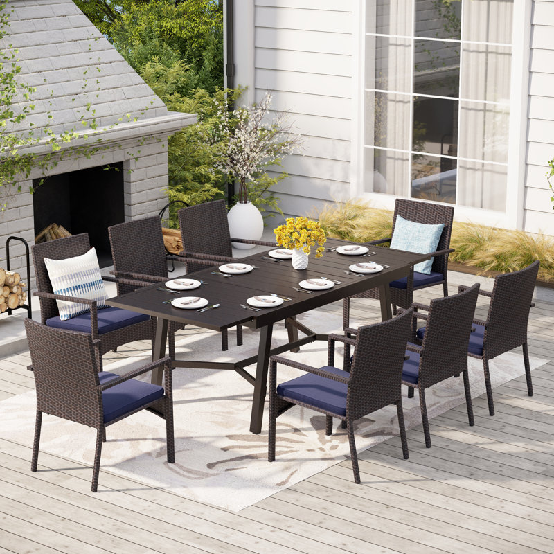 Alyah 8 - Person Patio Dining Set with Extendable Rectangular Table , Cushions Included