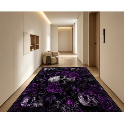 Tapis gothique à tête de mort rose, motif floral rose foncé et crâne gothique, détail artistique, lavable à la machine, envers antidérapant, tapis d'intérieur élégant pour salon, chambre à coucher, appartement