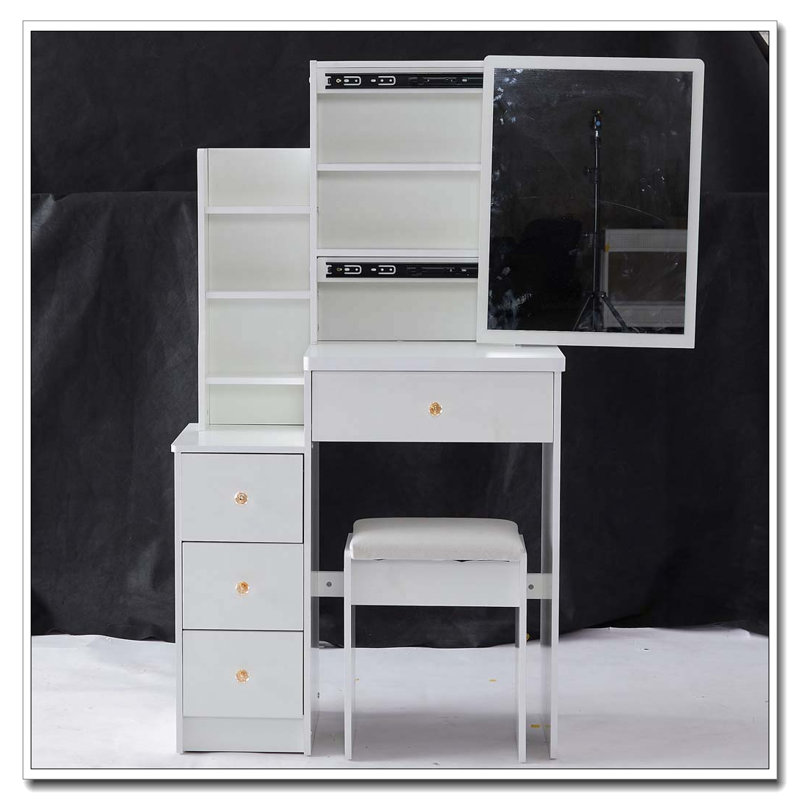 29.2" Small Space Vanity Table with Sliding Mirror, Stool and High Capacity Storage, White