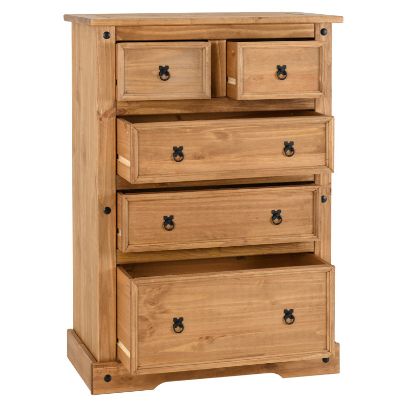 Farmhouse 5-Drawer Solid Pine Wood Dresser, Rustic Bedroom Chest of Drawers with Metal Handles, Bedroom Storage Cabinet
