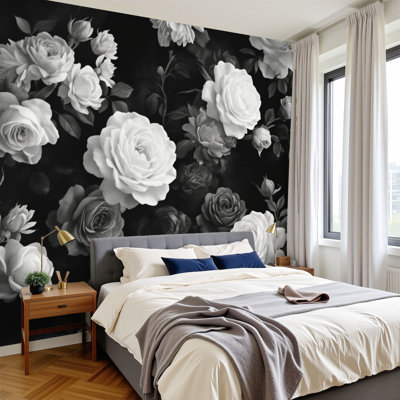 Peel and Stick Wallpaper Black White Floral Rose Vintage Botanical Summer Decor Wall Murals 100"H x 144"W Removable PVC Wall Paper Self-Adhesive Wall Decor for Bedroom Living Room Home Office