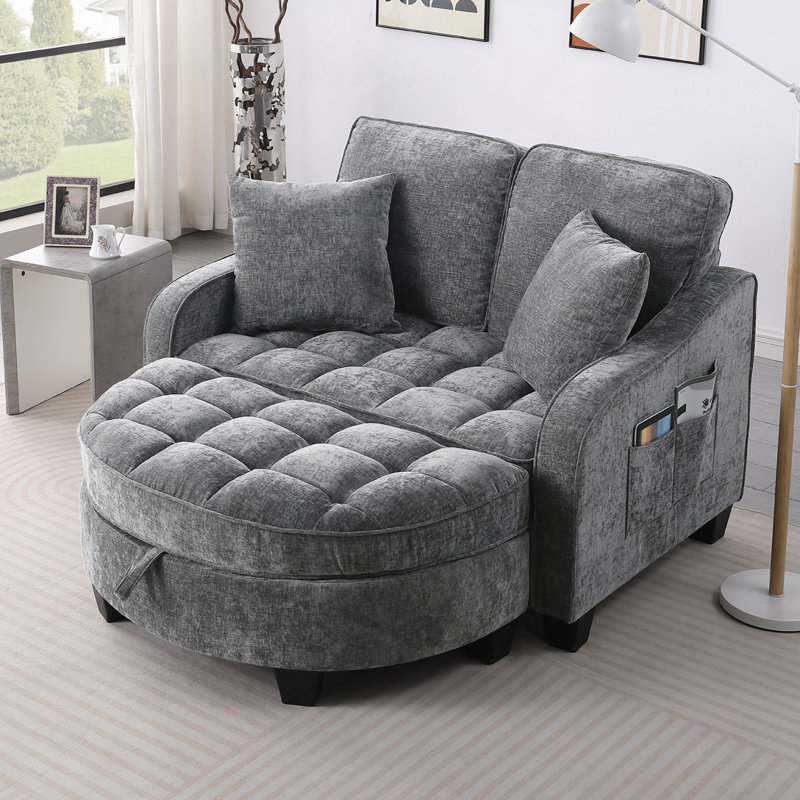 Chenille 2-seater Sofa, Double Sofa Chaise Longue, Gray