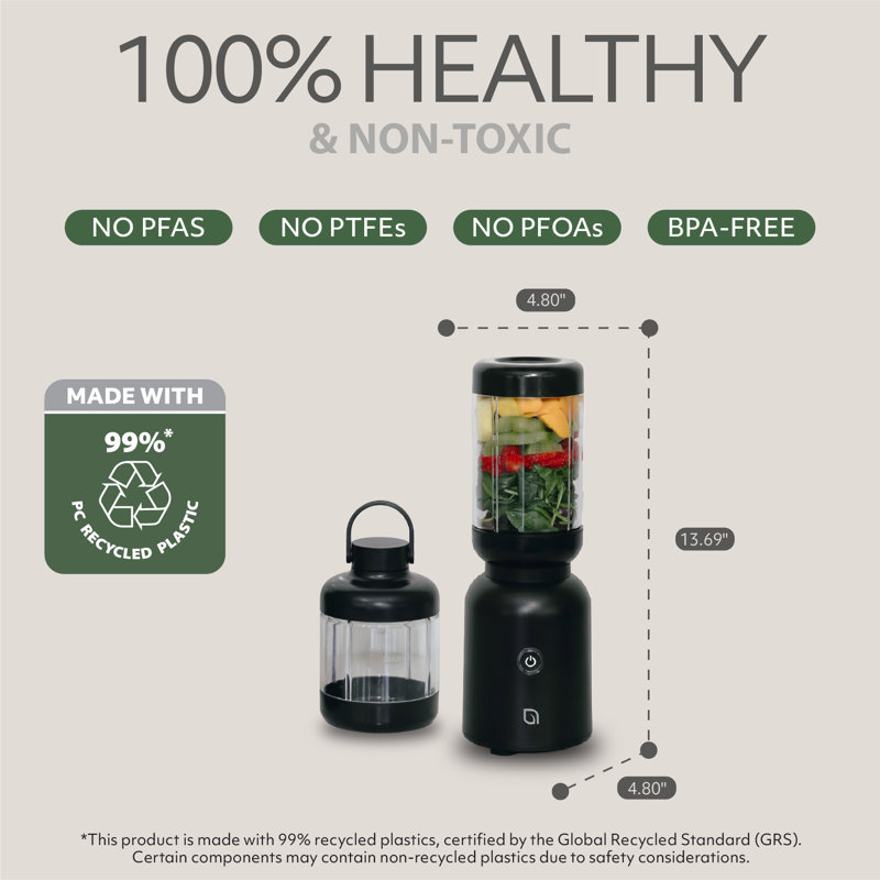 WILLOW Warrior Blender Crafted From 99% Recycled Plastics with Powerful Blending for Smoothies, Frozen Drinks Includes 2 To-Go Cups & Straw - BLACK