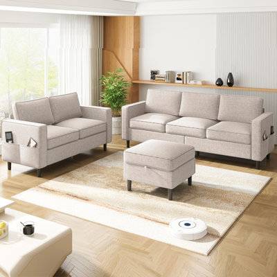 2 Piece Livingroom Sofa Set,“3+2”Seater 78”W Linen Fabric Sofa Couch with Flexible Storage Ottoman,Solid Wood Frame,For Apartment Bedroom Office