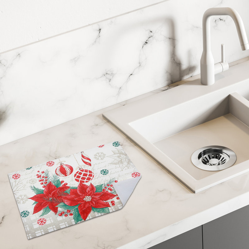 Microfibre Drying Mat (Poinsettia W/ Ornaments) - Set Of 2