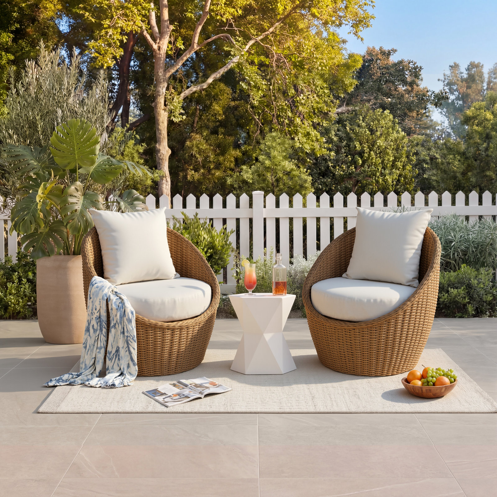 Modern Rattan Outdoor Egg Chair With Cushions, Deep Seating Patio Accent Chair For Balcony, Garden & Porch, Brown