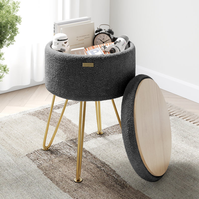 Round Boucle Ottoman with Storage, Gray, Gold
