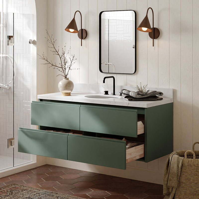   Ensemble de meuble-lavabo mural simple ovale de 54 po avec comptoir à quartz blanc Carrara de 1,5 po Ensetso, Ovale