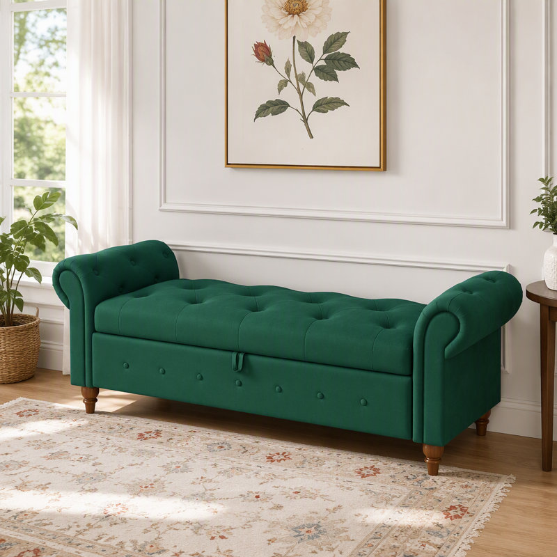 Banc de rangement en velours capitonné avec accoudoirs roulés, montage par prise, Vert foncé