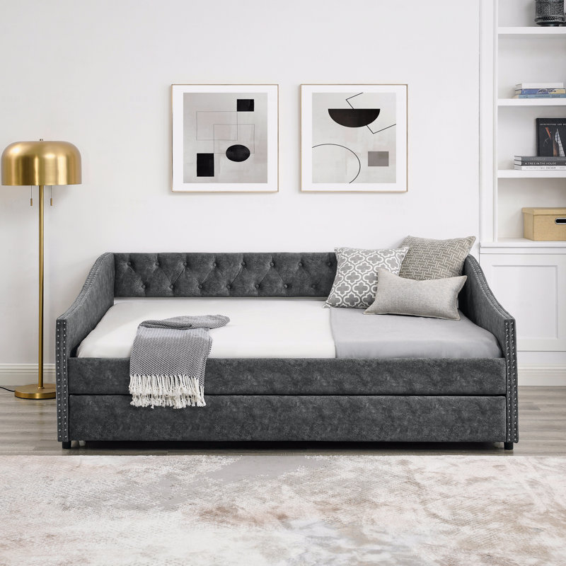 Upholstered Daybed, Daybed With Trundle Tufted Sofa Bed, With Button On Back And Copper Nail On Waved Shape Arms, Full/Double
