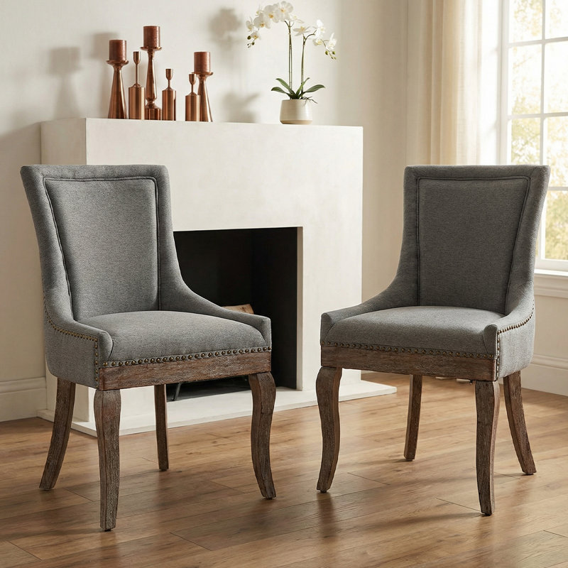 Chic Mid-Century Dining Chair Set(Set Of 2) - High Back Support, Solid Wood Frame, Bronze Accents, Gray