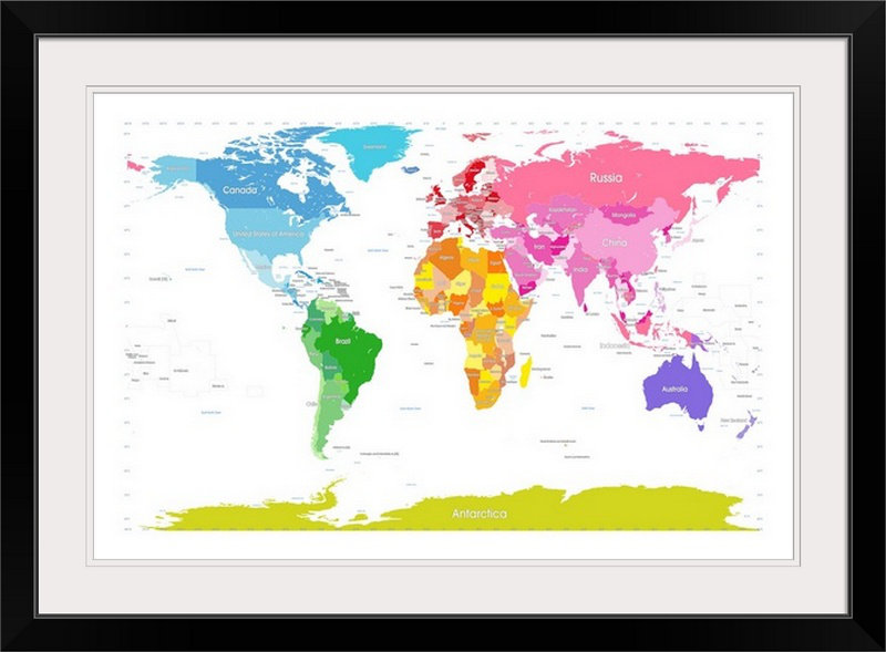 «Continents World Map» par Francy, impression, Cadre noir, H 24 po x l 32 po x P 1 po