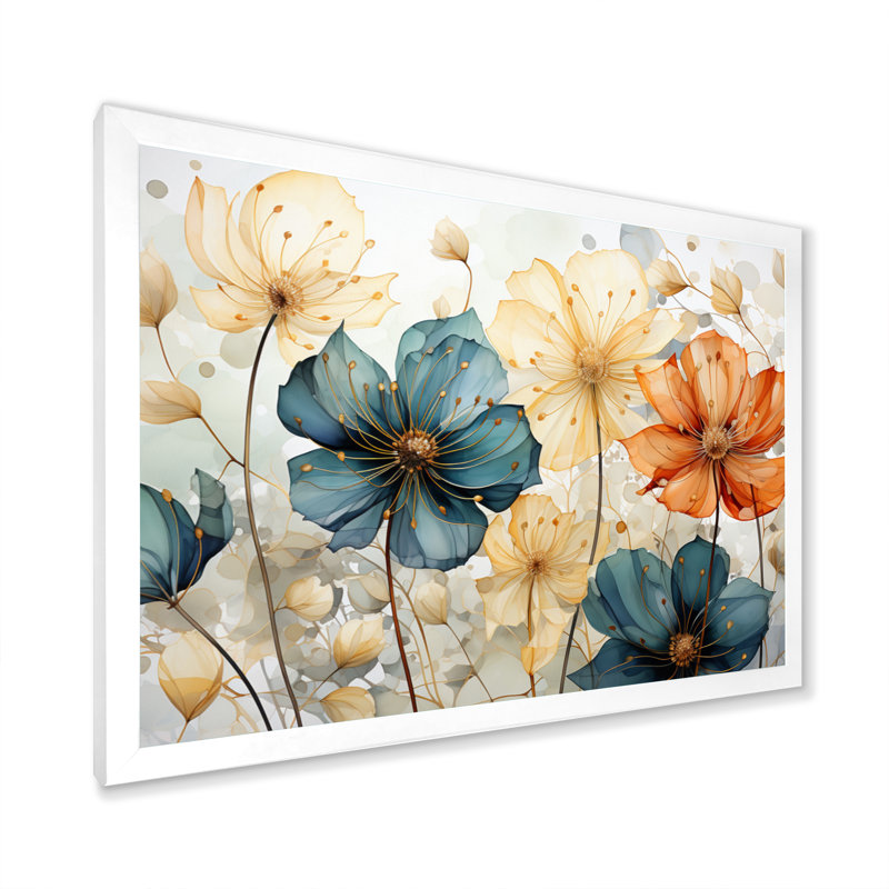 «Teal Orange Petal Mosaics I», art mural abstrait botanique pour le salon, H 16 po x l 32 po, Cadre photo unique, Blanc