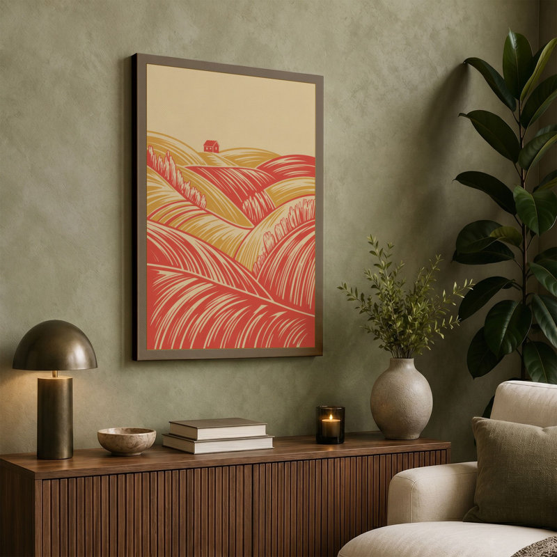 Rolling Hills at Sunrise Minimalist - Wrapped Canvas, 36x24 - 91.4 x 61.0 cm, Ochre Border