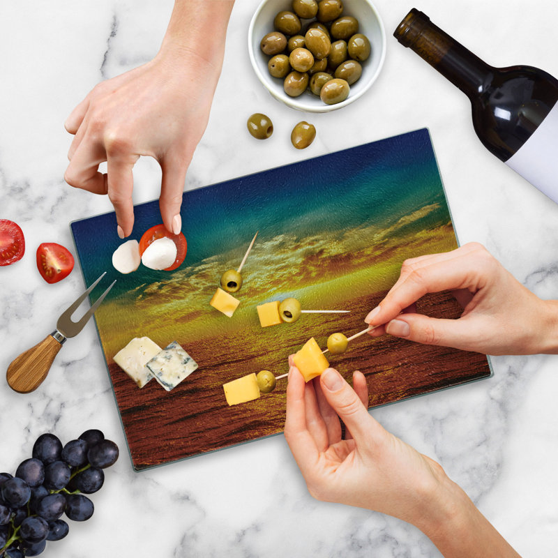 Ambesonne Exotic Tempered Glass Cutting Board Sunset Seaside Clouds Multicolor