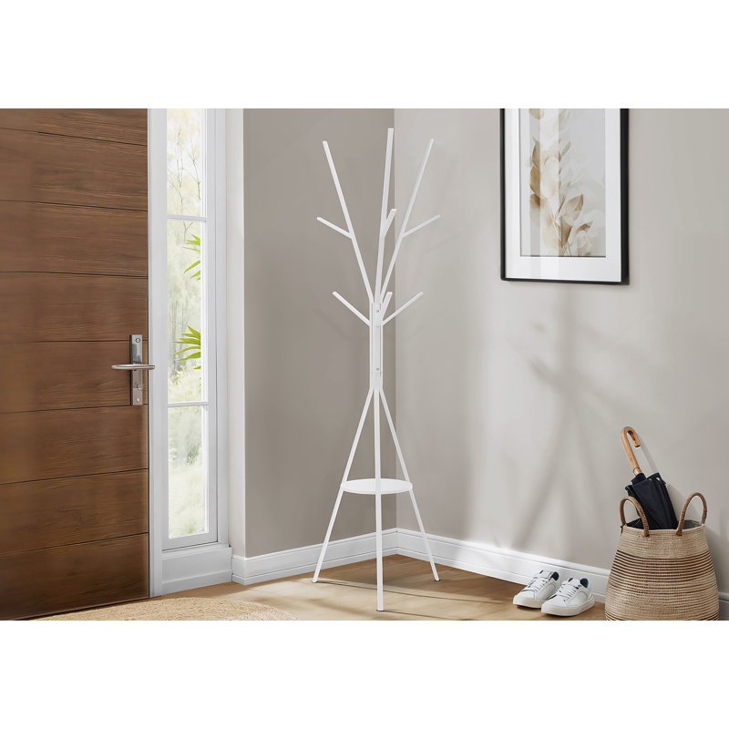 Coat Rack, 72"H, Bedroom, Entryway, Hall Tree, 6 Hooks, White Metal, Contemporary, Modern
