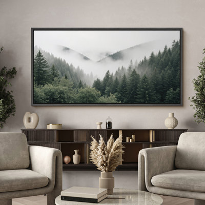 Foggy Pine Valley Framed Canvas Wall Art - Serene Forest Landscape Photography for Modern Rustic or Nature-Inspired Interiors