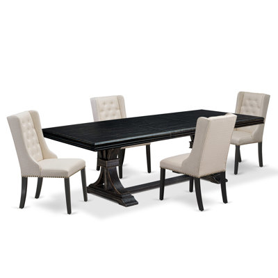5-piece kitchen set includes a dinner table and 4 Cream Linen Fabric dining chairs & black legs with Button Tufted Back - Sand Blasting Black finish.